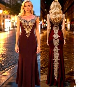 Cindy Collection Elegant Burgundy Evening Gown with Gold Lace Appliqué size M